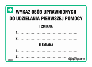 DD009 Zmianowy wykaz osób uprawnionych do udzielania pierwszej pomocy