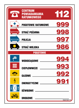 DA001 Tabliczka telefonów alarmowych