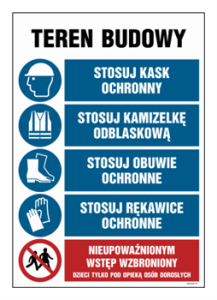 OI002 Teren budowy, Stosuj kask ochronny, Stosuj kamizelkę odblaskową, Stosuj obuwie ochronne, Stosuj rękaw