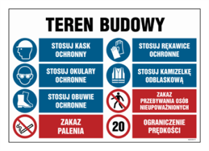 OI018 Teren budowy, Stosuj kask ochronny, Stosuj rękawice ochronne, Stosuj okulary ochronne, Stosuj kamizelkę na liście obecności, Stosuj kamizelkę odblaskową