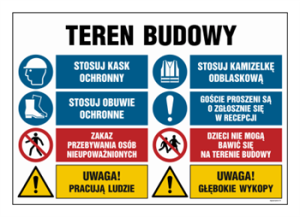 OI020 Teren budowy, Uwaga! OI020 Teren budowy, Uwaga! Stosuj kask ochronny, Stosuj kamizelkę odblaskową, Stosuj obuwie ochronne, Goście pro Stosuj kamizelkę odblaskową, Stosuj obuwie ochronne, Goście pro