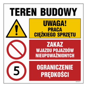 OI032 Uwaga! praca ciężkiego sprzętu, Zakaz wjazdu pojazdów nieupoważnionych, Ograniczenie prędkości do 5k