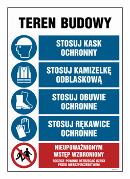 OI047 Teren budowy, Stosuj kask ochronny, Stosuj kamizelkę odblaskową, Stosuj obuwie ochronne, Stosuj rękaw