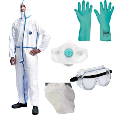 zestaw na wirusy 2 - kombinezon ochronny z oklejanymi szwami Tyvek 600 Plus, osłony na buty z podeszwą, gogle, rękawice nitrylowe, półmaska FFP3